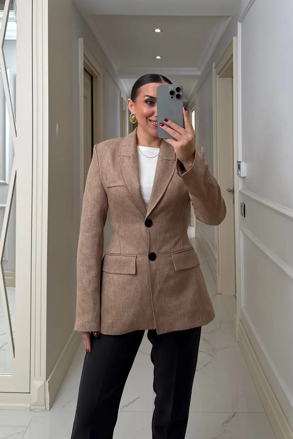 Vücuda Oturan Blazer Kadın Ceket - Vizon