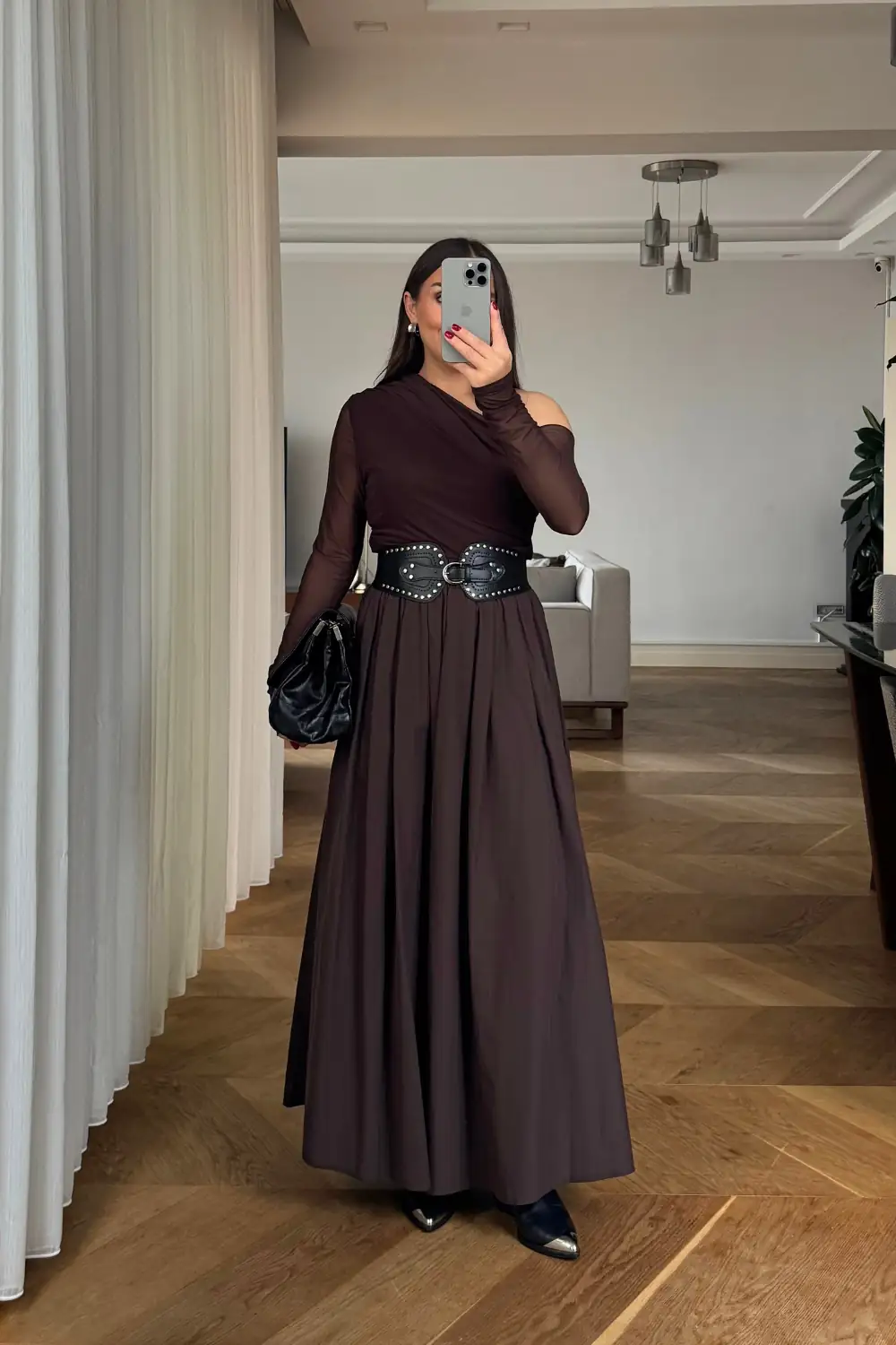 Beli Lastikli Uzun Poplin Etek - Acı Kahve