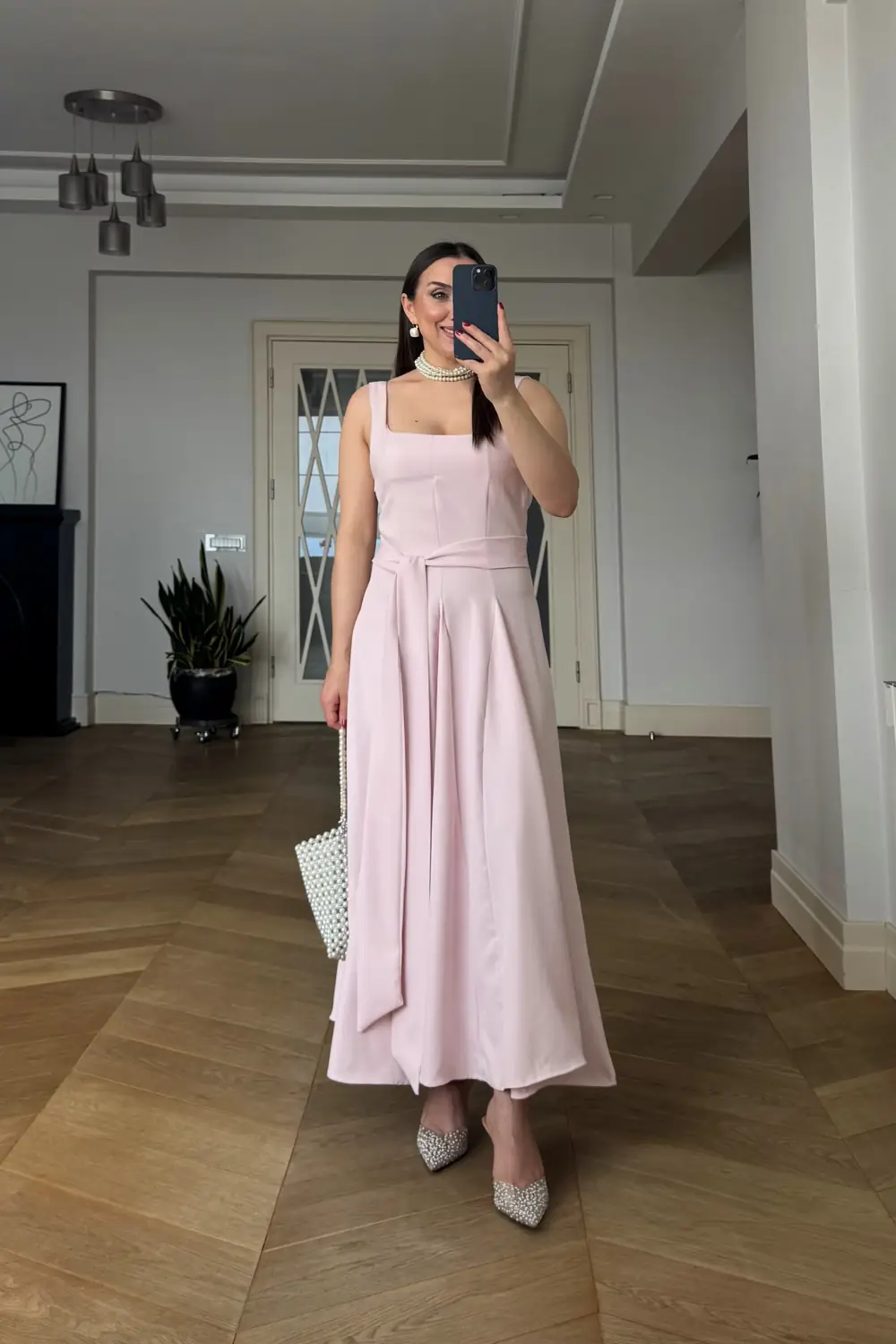 Kare Yaka Askılı Midi Elbise - Pudra Pembe