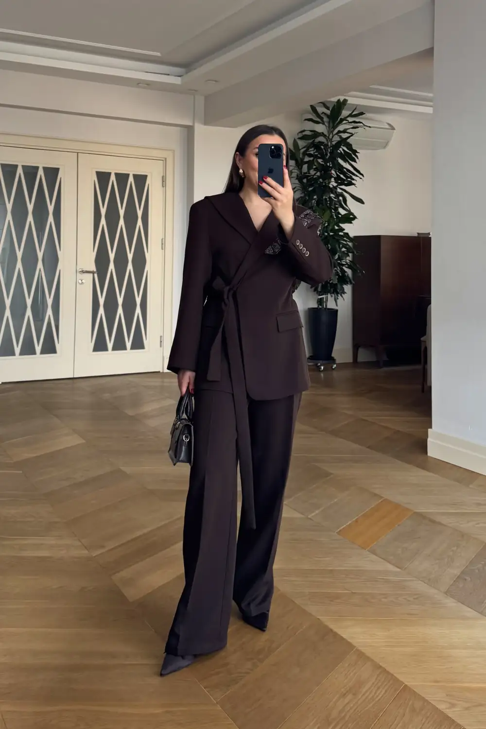 Pelerin Detaylı Blazer Ceket Pantolon Kadın Takım - Kahverengi