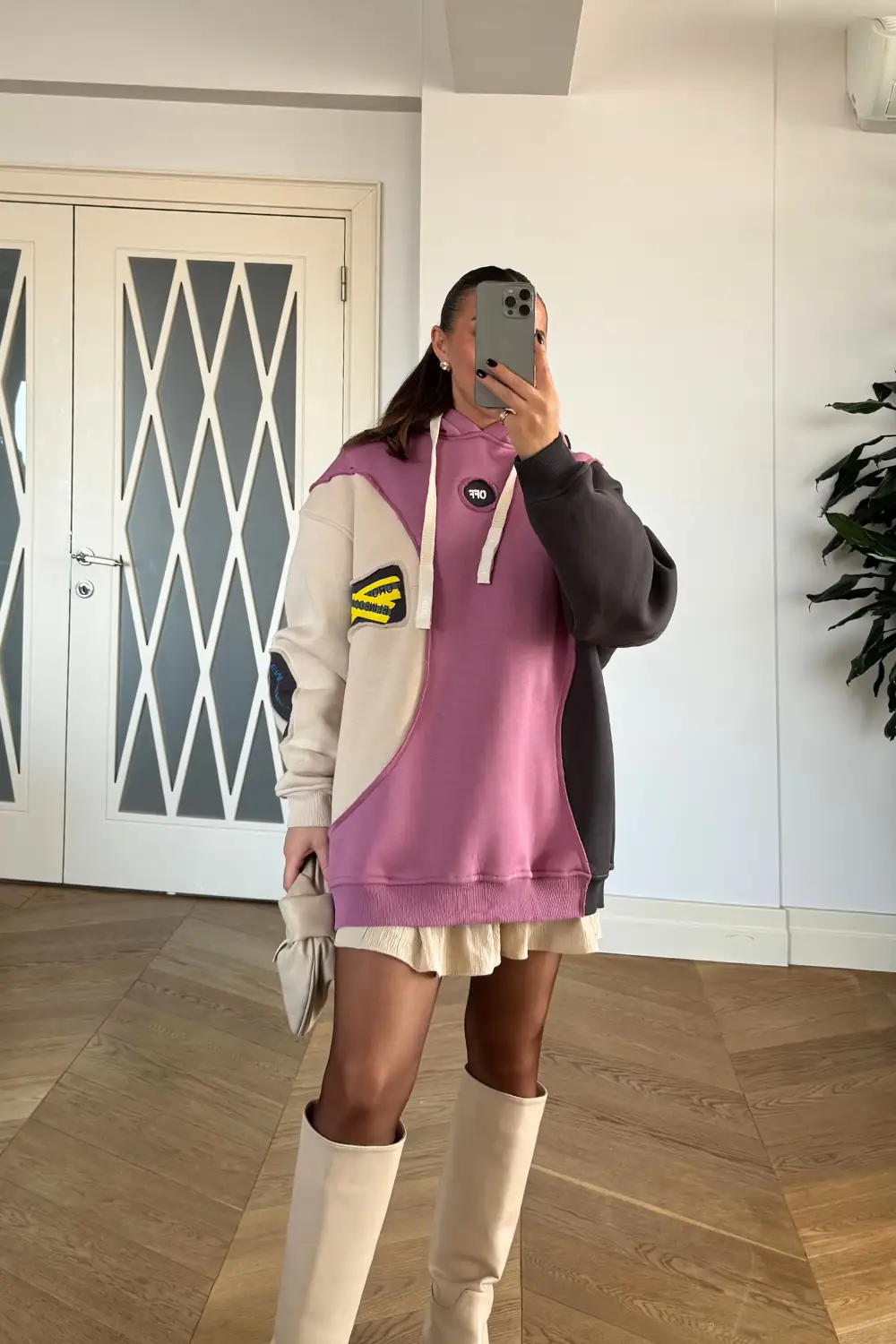 Blok Renkli Kapüşonlu Kadın Sweatshirt - Gülkurusu