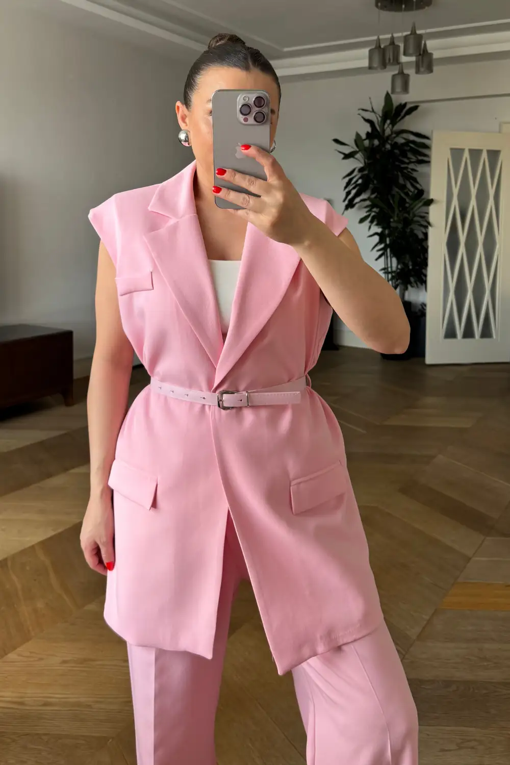 Kemerli Oversize Kadın Yelek - Pembe