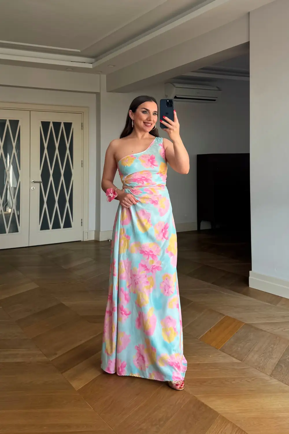 Desenli Bel Dekolteli Uzun Elbise - Pudra Pembe