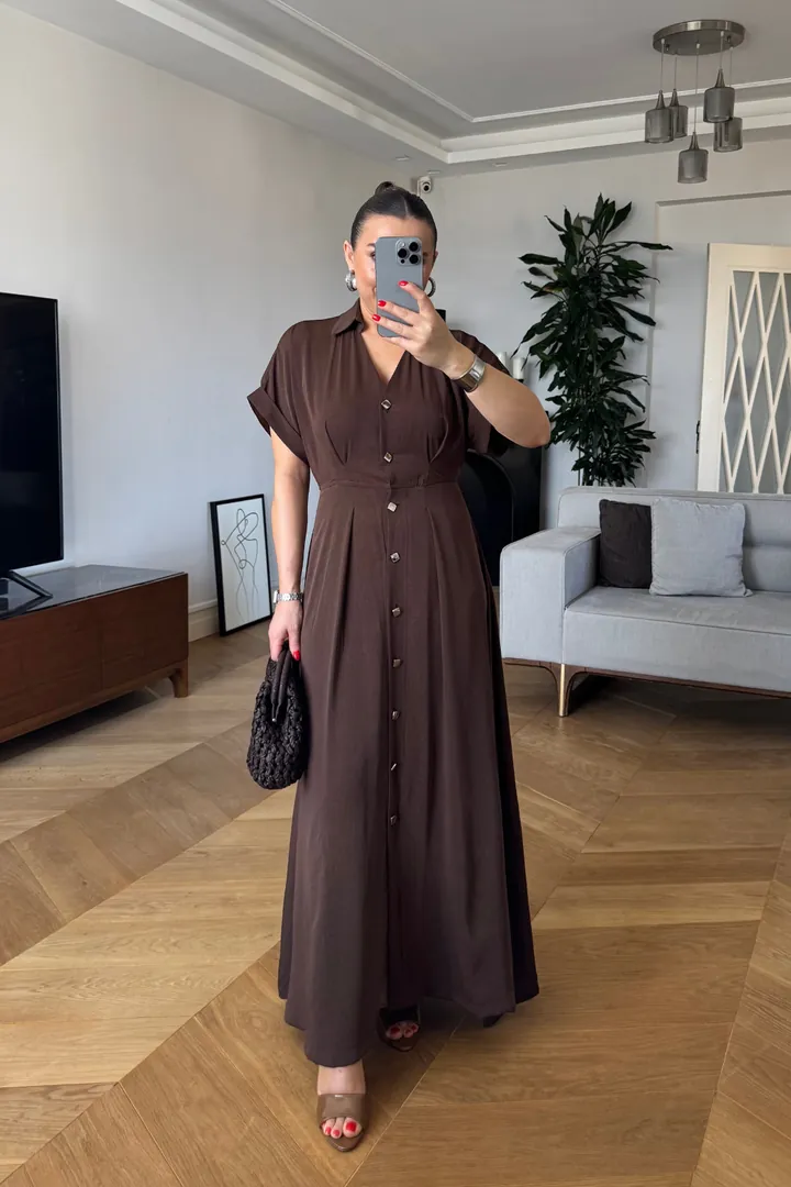 Kısa Kollu Uzun Gömlek Elbise - Kahverengi