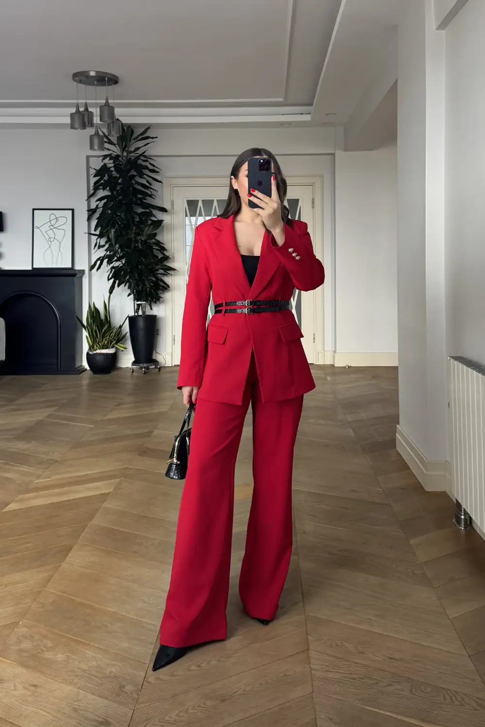 Çift Kemerli Blazer Ceket Pantolon Kadın Takım