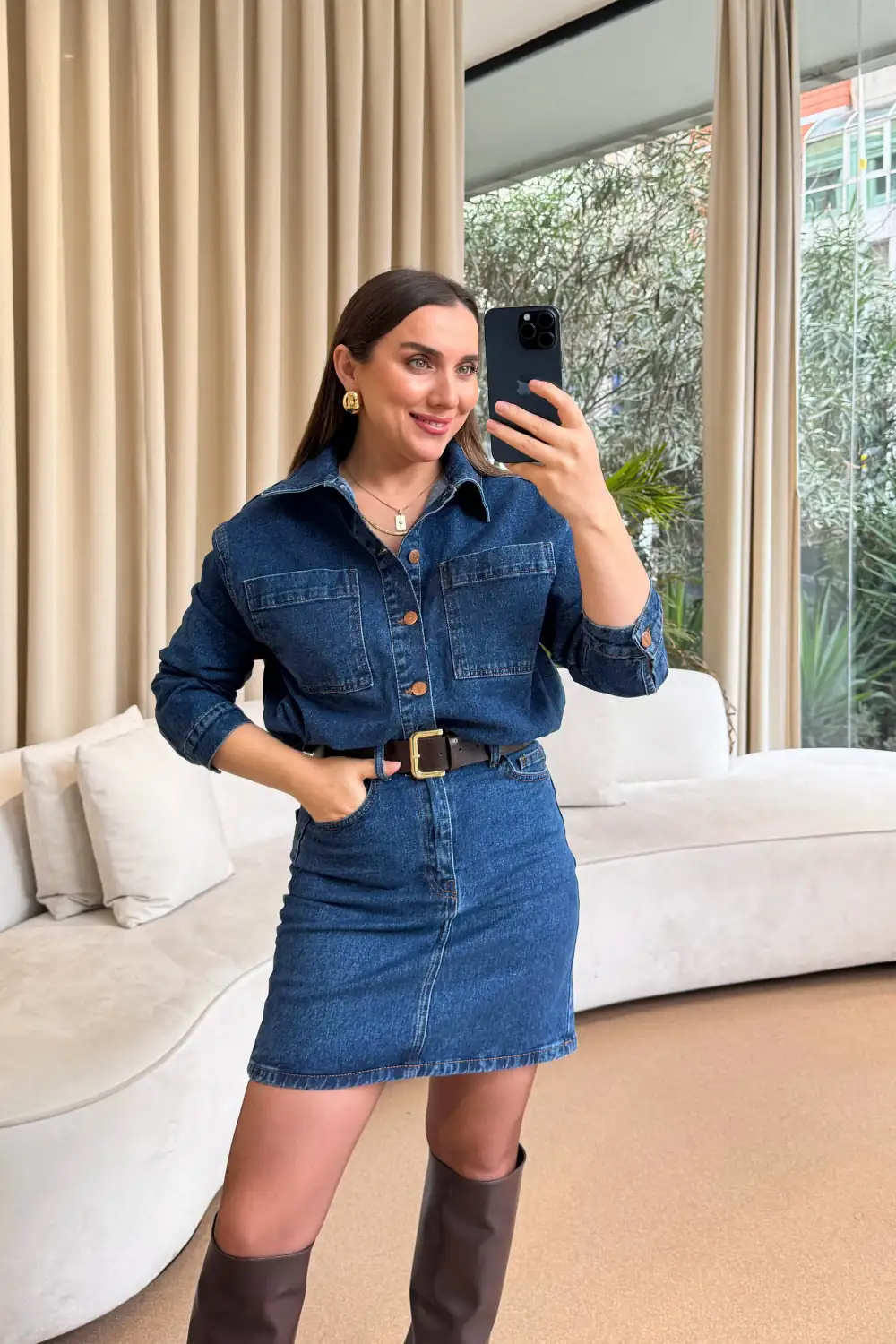 Gömlek Yaka Kemerli Mini Denim Elbise 4