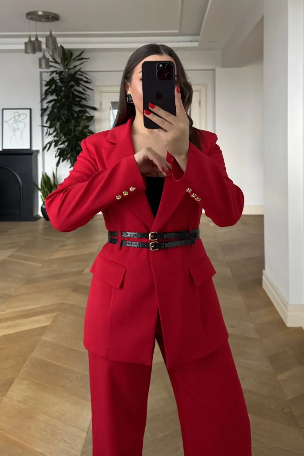 Çift Kemerli Blazer Ceket Pantolon Kadın Takım