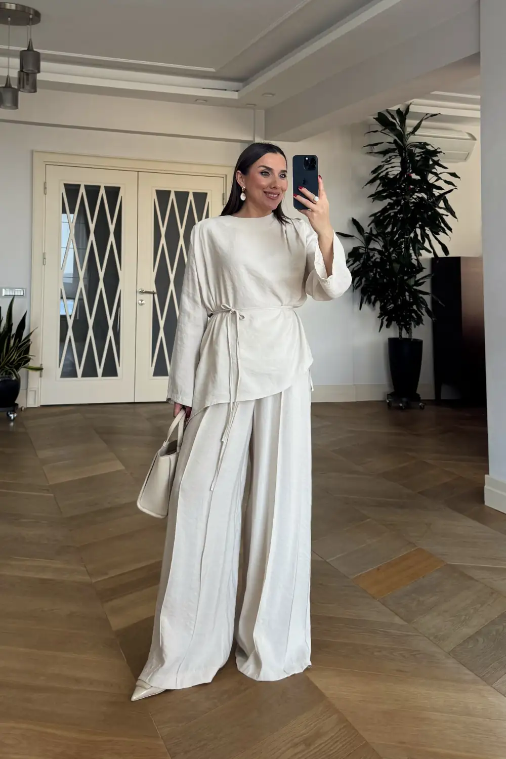 Pile Detaylı Bluz Pantolon Takım - Taş