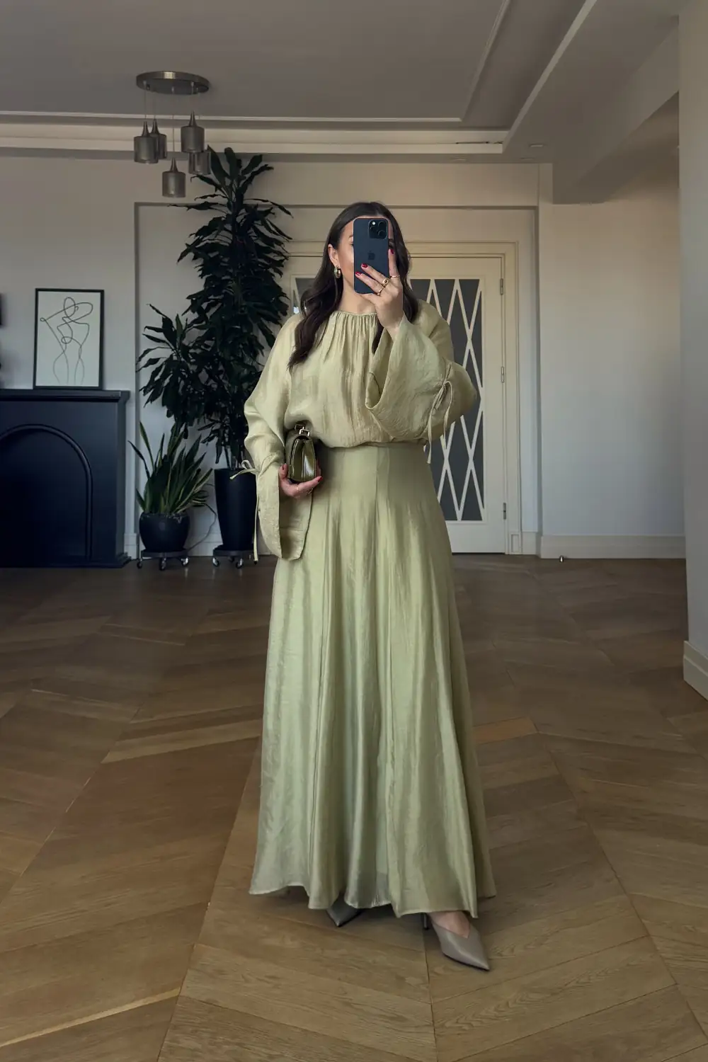 Büzgü Detaylı Bluz Etek Tencel Takım - Yeşil