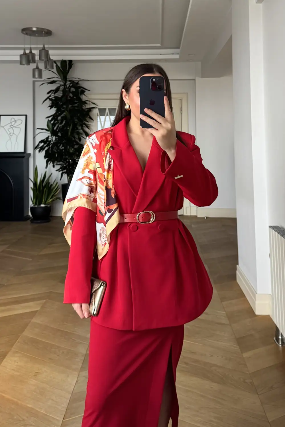 Kemerli Blazer Kadın Ceket - Kırmızı