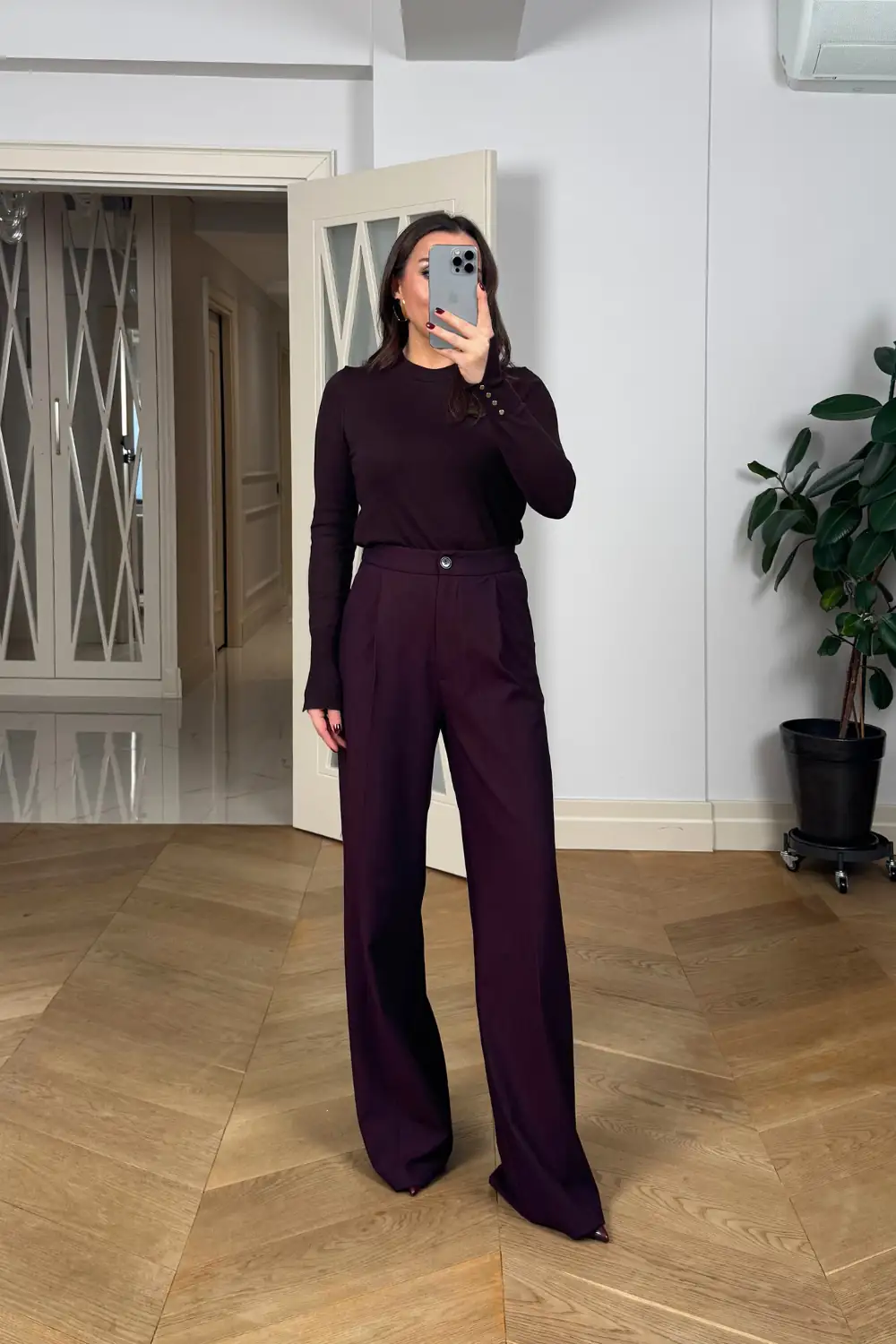 Kruvaze Çizgili Blazer Ceket Pantolon Kadın Takım - BORDO