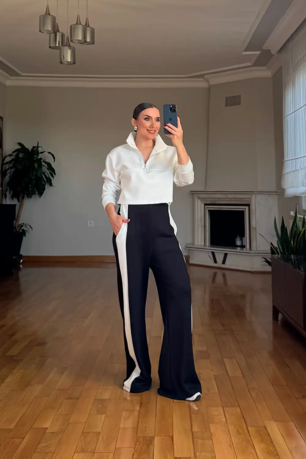 Şerit Detaylı Geniş Paça Kadın Pantolon - SİYAH