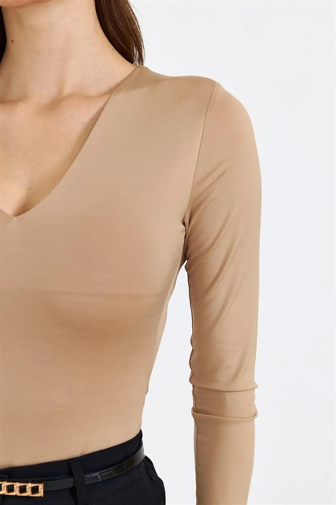 V Yaka Uzun Kollu Body Suit - Camel