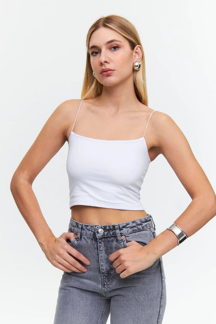 İp Asklı Crop Top - Beyaz