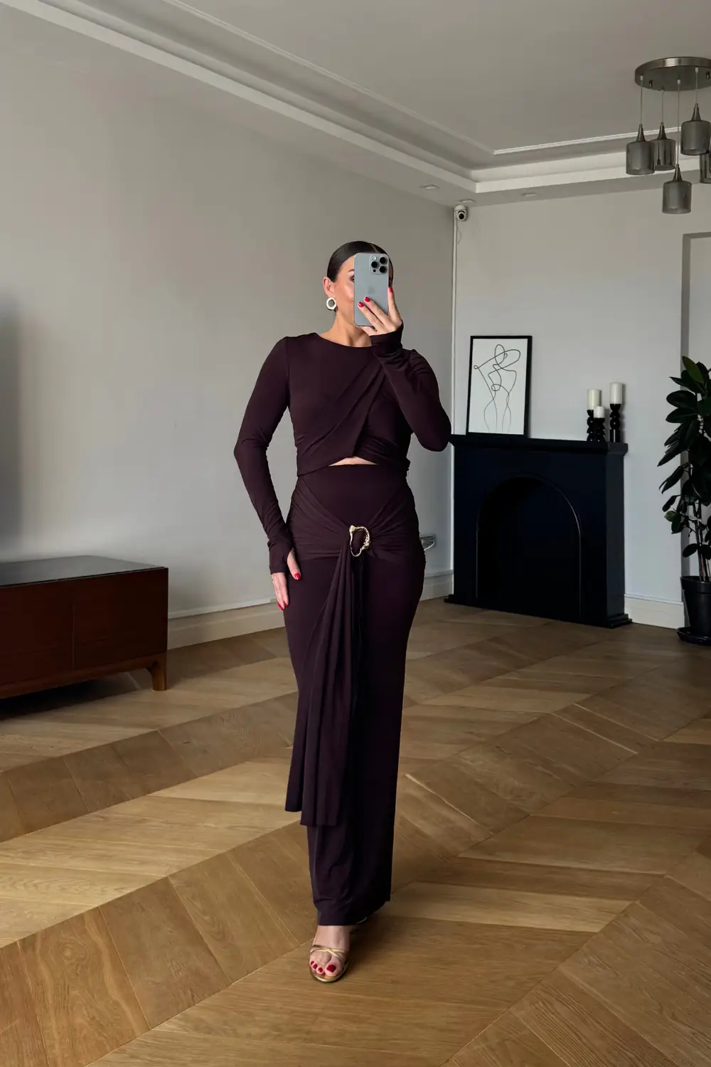 Toka Detaylı Bluz Etek Takım - Kahverengi