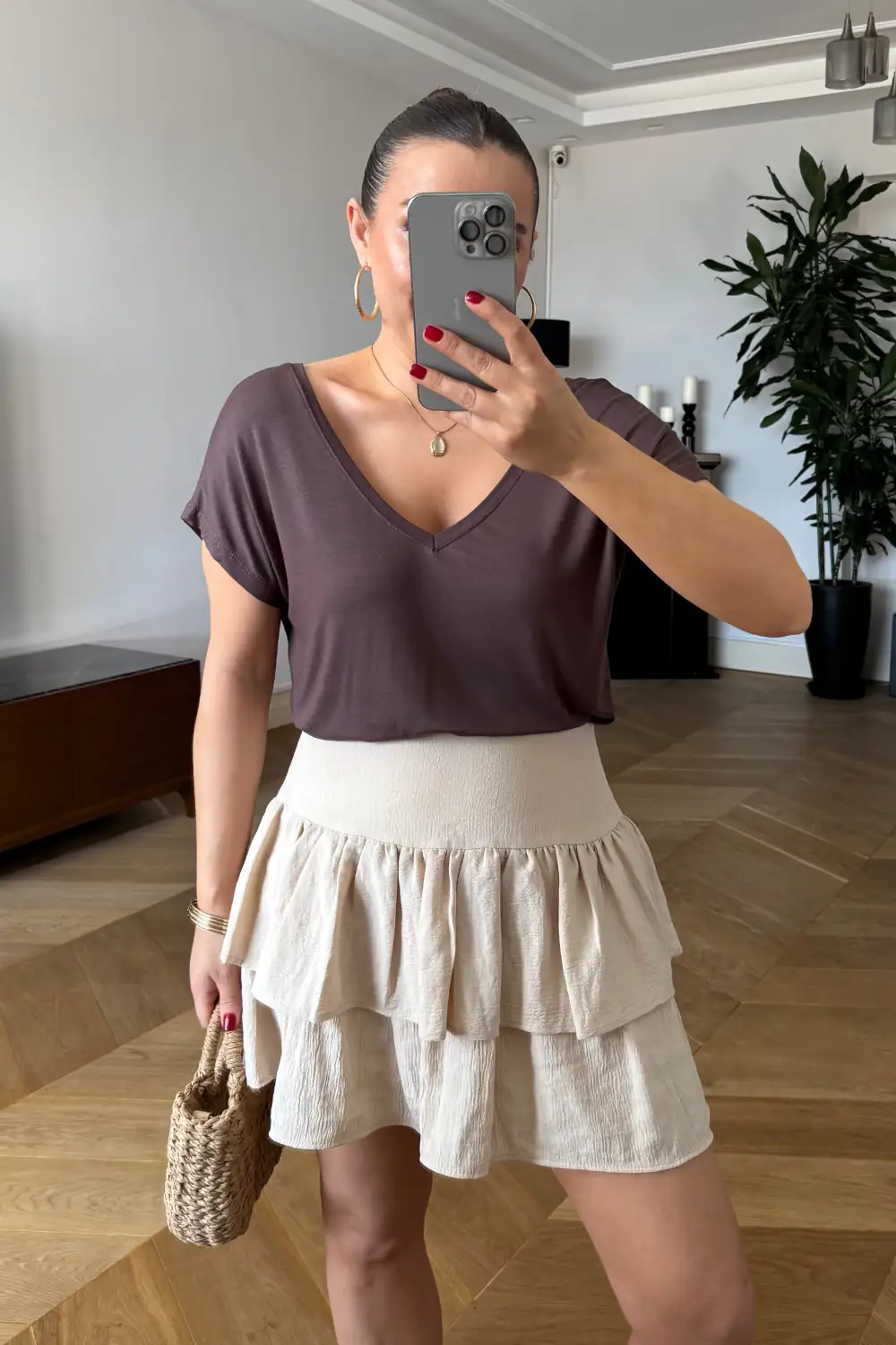 Volanlı Mini Şort Etek - Bej