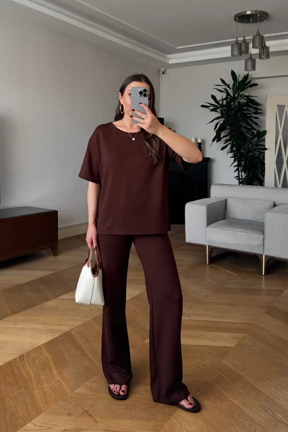 Basic Tshirt Eşofman Kadın Takım - Kahverengi