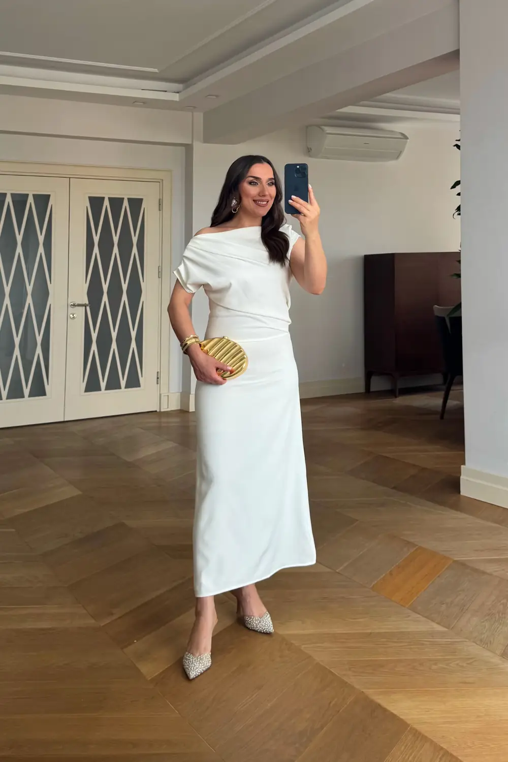 Kayık Yaka Drape Detaylı Midi Elbise - Beyaz