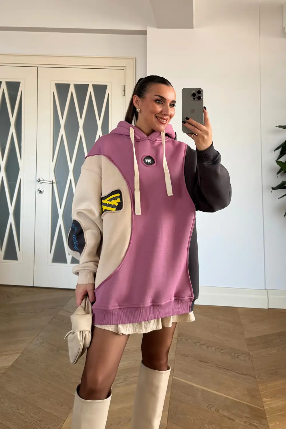 Blok Renkli Kapüşonlu Kadın Sweatshirt - Gülkurusu