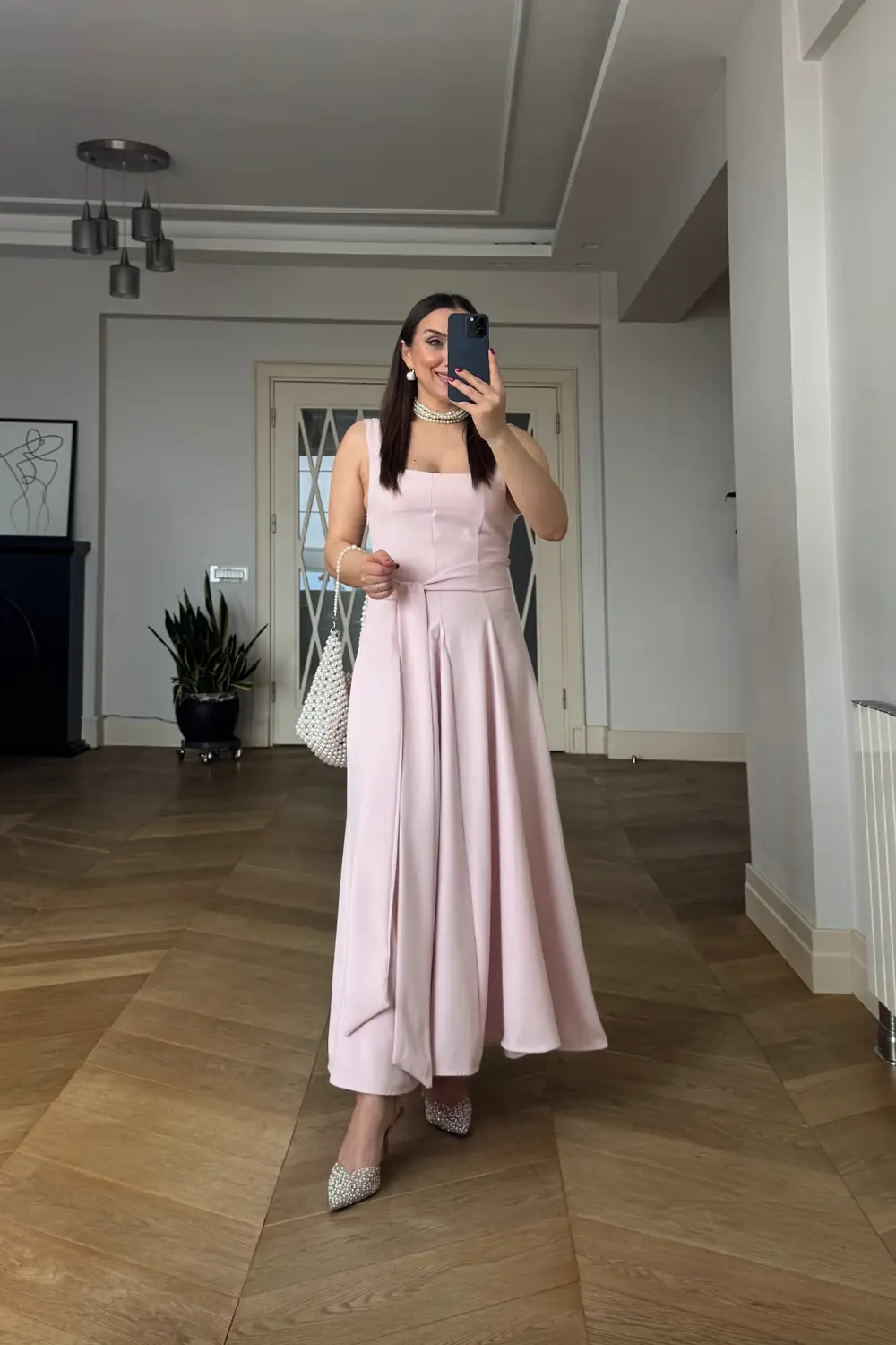 Kare Yaka Askılı Midi Elbise - Pudra Pembe